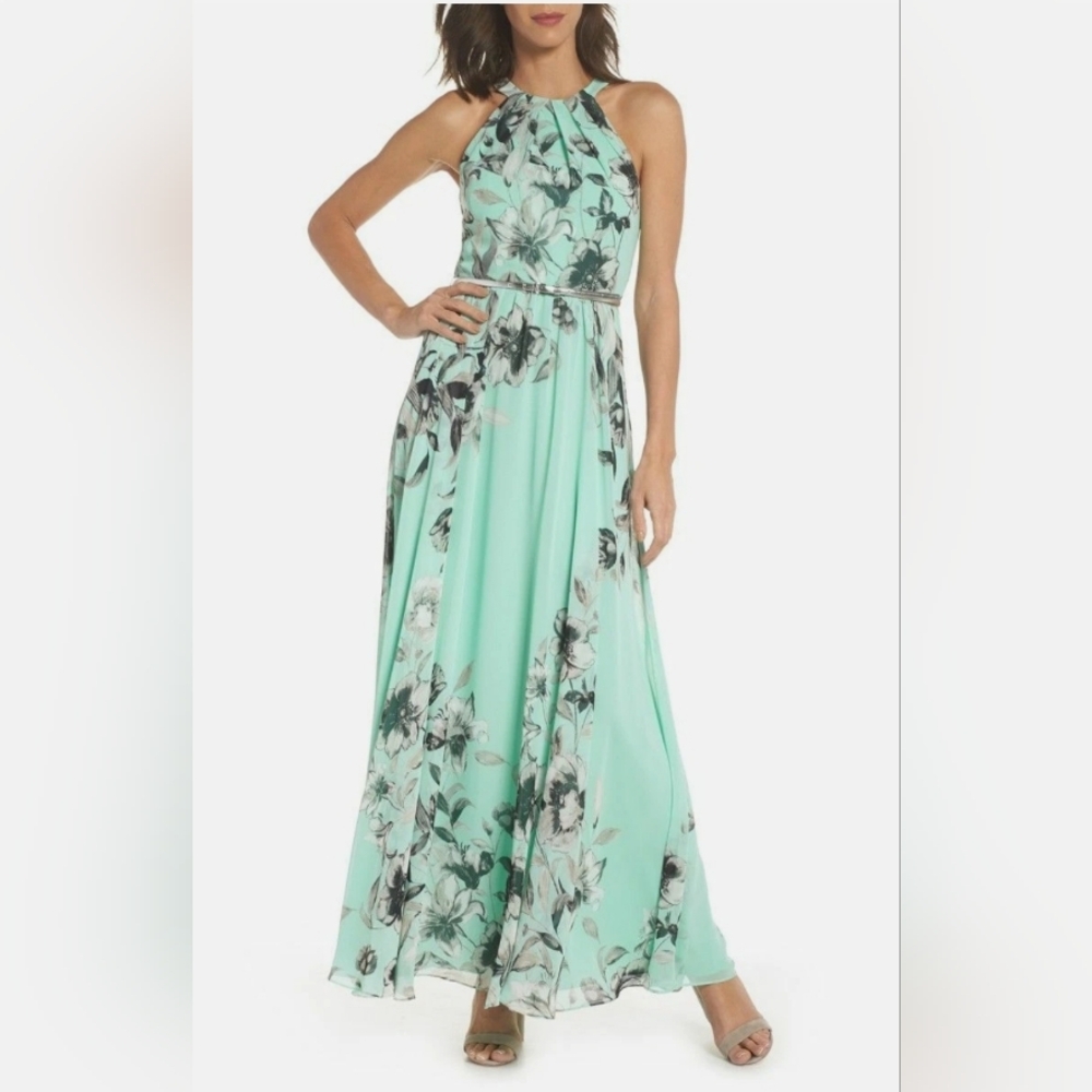 Eliza J Chiffon Maxi Dress in Mint( Belt Not Included)
